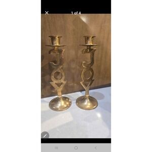 VTG International Silver Co. Solid Brass "JOY" Christmas Candlestick Holder Set